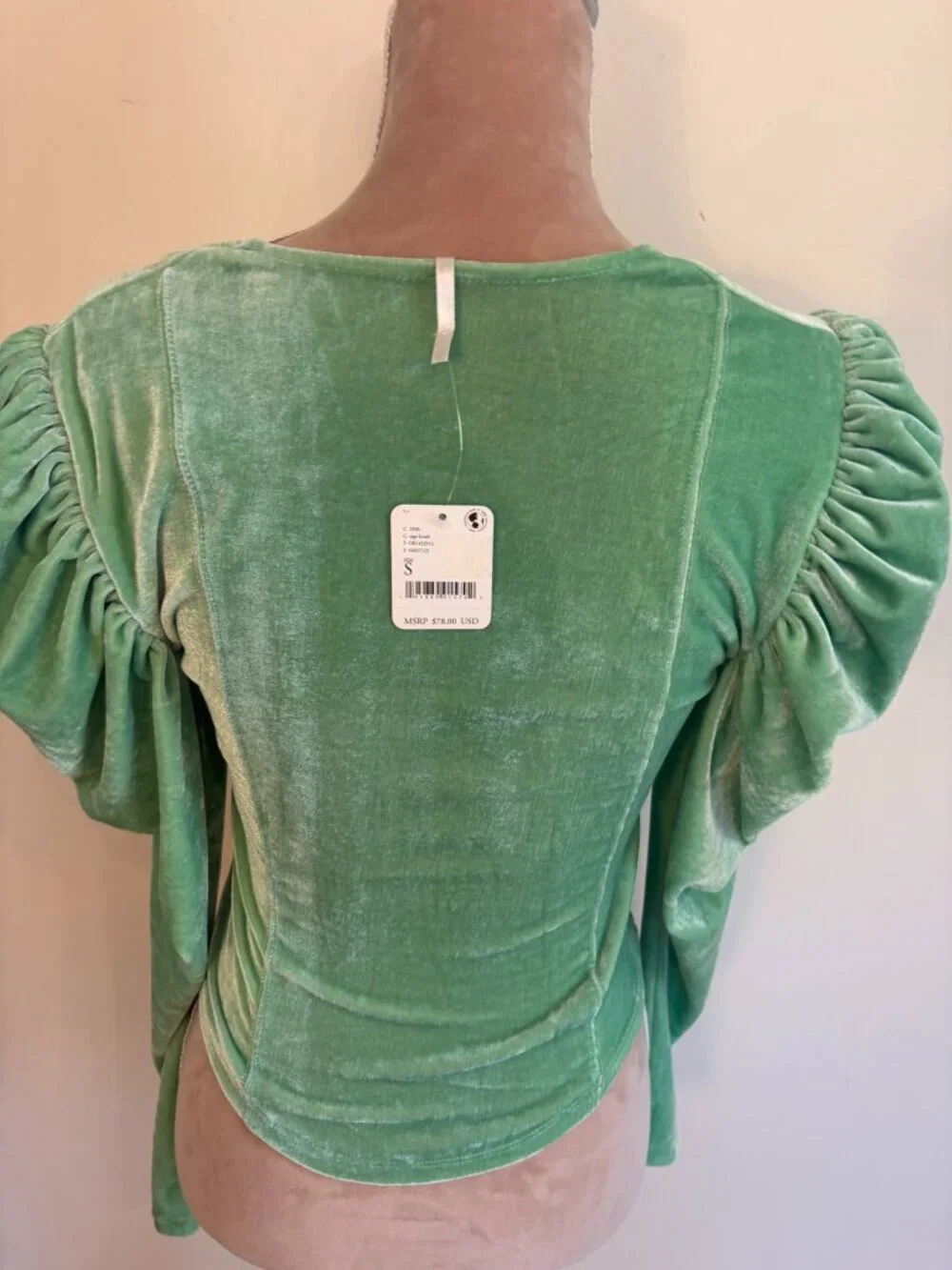 NWT Free People Hold Me Puff Sleeve Velvet Top in Sage Brush Size Small